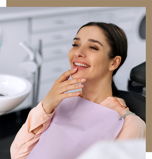 Young woman touching her chin at her dental checkup