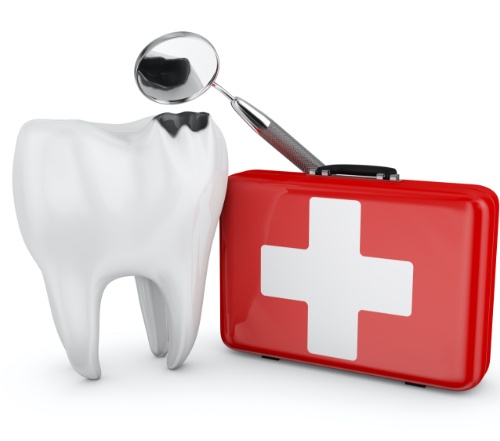 Animated tooth and first aid kit indicating emergency dentistry
