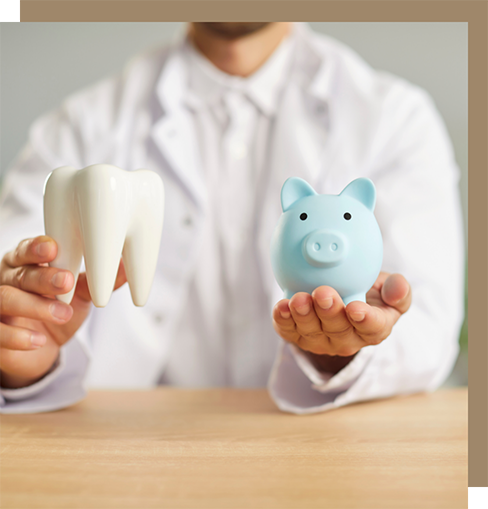 Dentist holding a piggy bank and a model of a tooth