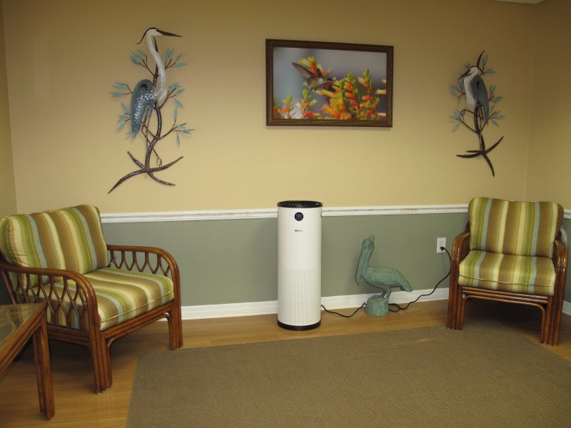 an air purifier in the lobby of a dental office