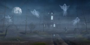 ghosts in front of spooky house
